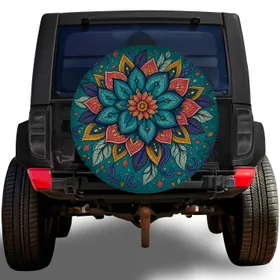 Bohemian Floral Mandala Teal Mosaic For Colorful Outdoor Travel And Camping Style Spare Tire Cover