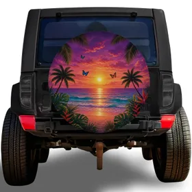 Tropical Sunset Beach With Palm Trees For Summer Road Trips And Coastal Getaways Spare Tire Cover