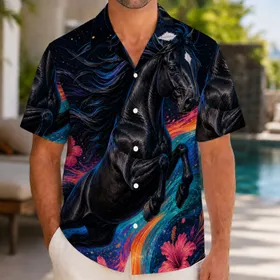 Black Stallion With Rainbow Cosmic Waves for Tropical Vacations and Resort Getaways Hawaiian Shirt