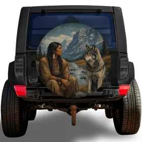 Alpine Indigenous Woman And Gray Wolf Scene For Mountain Adventure Vehicle Owners Spare Tire Cover