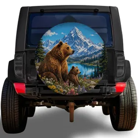 Grizzly Bear And Cub Alpine Mountain Lake Outdoor Adventure RV Camping Accessory Spare Tire Cover