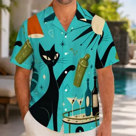 Black Cat Atomic Cocktail Lounge Retro Resort Party Wear for Midcentury Style Lovers Hawaiian Shirt