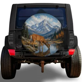Deer Drinking At Mountain Stream Alpine Wilderness Road Trip Camping For Nature Lovers Spare Tire Cover