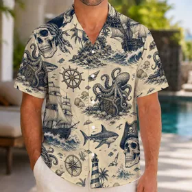 Vintage Pirate Skull Nautical Sailing Ship Lighthouse For Beach Vacation Cruise Lovers Hawaiian Shirt