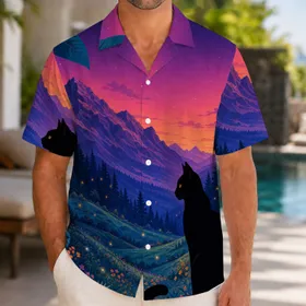Black Cat Twilight Mountain Scene for Summer Vacation Travel and Island Getaways Hawaiian Shirt