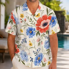 Coral Red And Blue Botanical Florals For Beach Vacations, Resort Getaways And Cruises Hawaiian Shirt