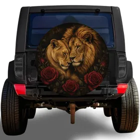 Lion And Lioness With Red Roses Romantic Safari Wedding Gift For Adventure Couples Spare Tire Cover