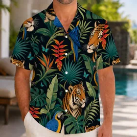 Bengal Tiger Macaw Tropical Jungle Aloha Beach Vacation Resort Travel Outfit for Men Hawaiian Shirt