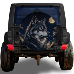 Blue-Eyed Wolf And Full Moon Night Scene For Jeep Camping And Outdoor Adventure Trips Spare Tire Cover