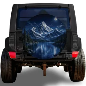 Moonlit Alpine Mountain Lake Night Scene for Off Road Adventure and Camping Vehicles Spare Tire Cover
