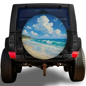 Coastal Beach Waves And Cloudy Blue Sky For Summer Road Trips And Seaside Travelers Spare Tire Cover