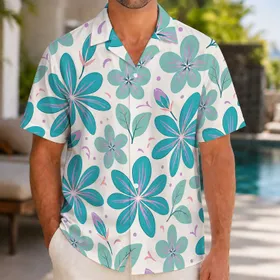 Teal Plumeria And Lavender Botanical Florals For Beach Vacations And Resort Wear Hawaiian Shirt