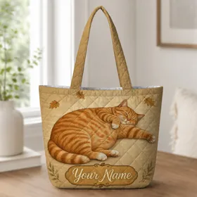 Sleeping Orange Tabby Cat Autumn Gift for Cat Lovers Cozy Fall Halloween Home Decor Quilted Tote Bag