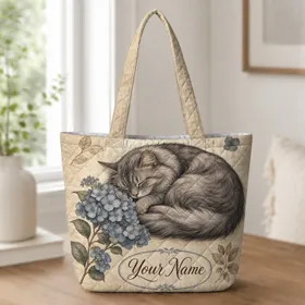 Sleepy Gray Cat With Blue Hydrangeas For Cozy Travel And Everyday Carry Gifts For Women Quilted Tote Bag