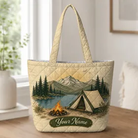Alpine Lake Tent Campfire Scene For Weekend Camping Trips And Outdoor Adventure Lovers Quilted Tote Bag