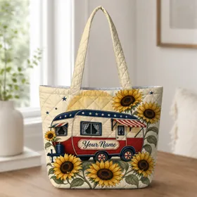 Patriotic Camper With Sunflowers For Road Trips, Camping, And Americana Gift Giving Quilted Tote Bag