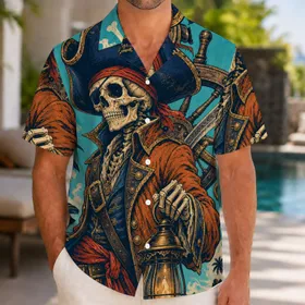 Skeleton Pirate Captain With Lantern Nautical Tropical Cruise Vacation Wear For Men Hawaiian Shirt