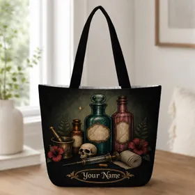 Gothic Apothecary Bottles Skull Floral Halloween Travel Gift For Dark Art Lovers Quilted Tote Bag