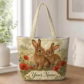 Brown Rabbits And Red Poppies Meadow Gift For Nature Lovers Quilted Tote Bag