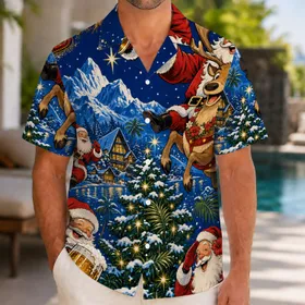 Beer Drinking Santa And Reindeer With Tropical Christmas Tree For Holiday Party Fun Hawaiian Shirt
