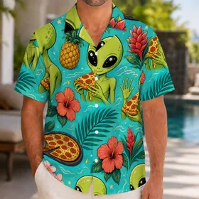 Alien Pizza Tropical Flowers For Beach Parties, Vacation Trips And Retro Food Fans Hawaiian Shirt