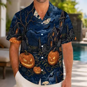 Moonlit Graveyard Jack-O'-Lantern Bats For Halloween Parties And Gothic Costume Fans Hawaiian Shirt