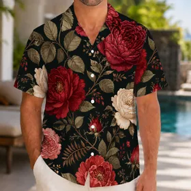 Dark Red Rose Botanical Floral Motif For Garden Parties And Evening Resort Wear Style Hawaiian Shirt