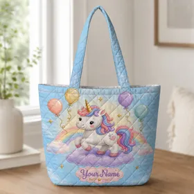 Prancing Baby Unicorn Pastel Sky Balloons For Everyday Carry And Fun Birthday Gifts Quilted Tote Bag