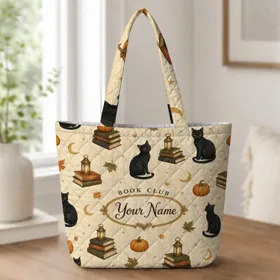 Black Cats, Vintage Books And Pumpkins Halloween Reading Club Gift For Book Lovers Quilted Tote Bag