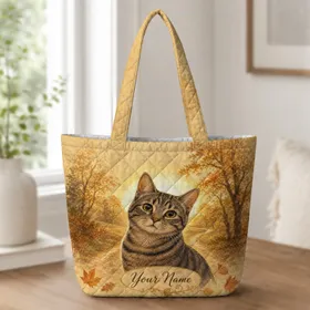 Tabby Cat Autumn Forest Path Thanksgiving Gift for Nature Lovers and Daily Errands Quilted Tote Bag