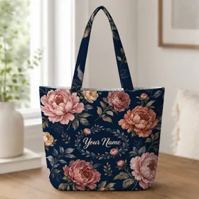Midnight Navy Peony Garden Flowers For Everyday Carry, Travel, And Gift Giving Women Quilted Tote Bag