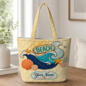 Coastal Ocean Waves Shells And Starfish For Beach Vacation Travel Gifts For Women Beach Lovers Quilted Tote Bag