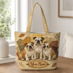Three English Bulldogs Autumn Patchwork For Fall Shopping, Workdays And Pet Lovers Quilted Tote Bag