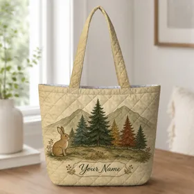 Vintage Autumn Mountain Pine Rabbit Scene for Fall Travel and Everyday Carry Gifts Quilted Tote Bag