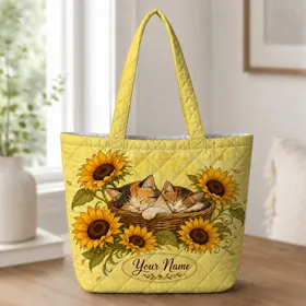 Sleeping Calico Kittens In Sunflower Basket For Cozy Autumn Garden Cat Lovers Gift Quilted Tote Bag