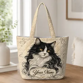 Black And White Longhair Cat Portrait For Daily Carry, Travel, And Feline Fan Gifts Quilted Tote Bag