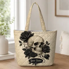 Gothic Skull And Black Roses For Halloween Travel, Concerts, And Everyday Gothic Style Quilted Tote Bag