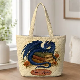 Midnight Blue Dragon With Storybooks For Bookstore Trips And Fantasy Book Lovers Quilted Tote Bag