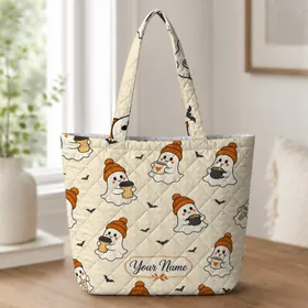 Halloween Ghosts With Coffee Cups For Cozy Fall Travel And Spooky Season Gift Giving Quilted Tote Bag