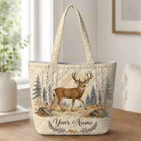 Nordic Mule Deer Birch Forest Scene for Outdoor Nature Lovers and Weekend Adventures Quilted Tote Bag