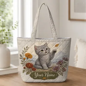 Soft Gray Kitten Wildflower Mountain Autumn Gift For Cat Lovers Shopping And Travel Quilted Tote Bag