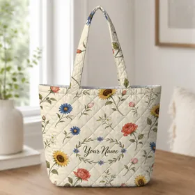 Wildflower Garden Floral Name Gift for Cottagecore Weekend Travel and Market Day Trips Quilted Tote Bag