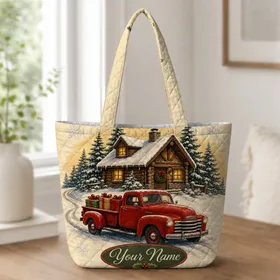 Snowy Log Cabin Red Pickup Christmas Gifts For Holiday Shopping And Winter Travel Quilted Tote Bag