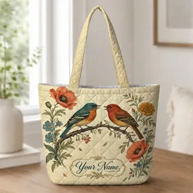 Vintage Songbirds And Garden Flowers For Everyday Carry, Birdwatchers And Garden Lovers Quilted Tote Bag