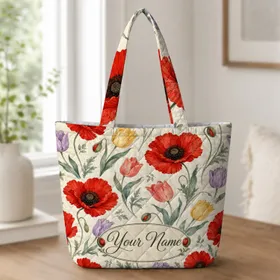 Scarlet Poppy And Pastel Tulip Meadow Floral Gift For Garden Lovers And Everyday Style Quilted Tote Bag