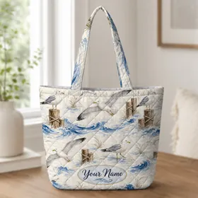 Seagull Ocean Wave Motifs For Beach Trips, Weekend Travel, And Nautical Gift Giving Quilted Tote Bag