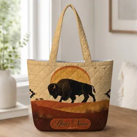 American Bison Desert Sunset Western Style Everyday Carry Gift For Wildlife Lovers Quilted Tote Bag
