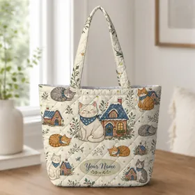 Christmas Cat Village Cottage Holiday Gift For Cat Lovers And Winter Market Errands Quilted Tote Bag