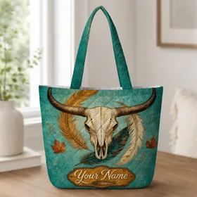 Longhorn Skull And Feathers Southwestern Autumn Gift For Cowgirl Fall Fashion Lovers Quilted Tote Bag