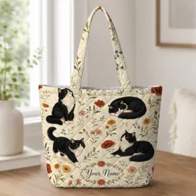 Black And White Tuxedo Cats With Autumn Wildflowers For Everyday Cat Lovers And Gifts Quilted Tote Bag
